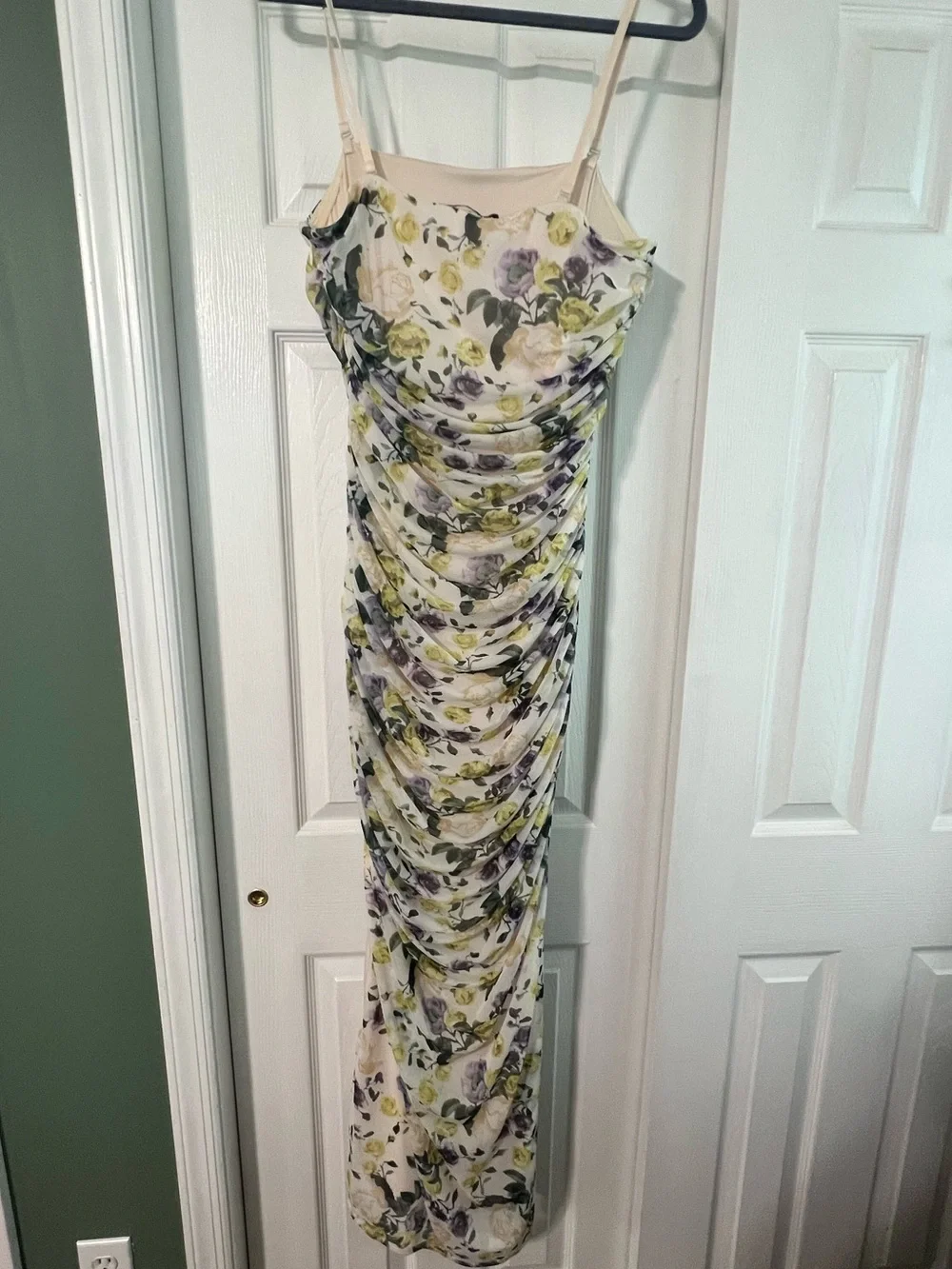 Floral Ruched Dress in Cream and Green
